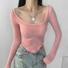 Camiseta Feminina Decote U Manga Longa Hot Girl, Moda Outono, Bainha Curva, Ajuste Slim, Camiseta Básica Emagrecedora, Top Curto Sexy