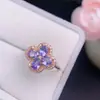 Anel de Prata 925 Estilo Influenciador Coreano e Japonês do TikTok com Tanzanita Natural Flor de Quatro Pétalas Anel Aberto para Mulheres, Único, Requintado e Elegante