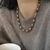 Hanluo~Collar de Cadena para Clavícula Redondo de Piedra Ojo de Tigre Bañado en Oro Real de 18K Retro de Alta Gama Moda Elegante