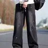 Pantalones Vaqueros con Salpicaduras de Tinta Japonesa Verano 2026 para Hombre Estilo Delgado Marca de Moda High Street Cintura Elástica Pierna Ancha Tejidos con Cordón Pantalones Casuales