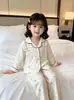 Conjunto de ropa de estar con cuello de solapa, estilo fino para primavera y otoño, ropa para aire acondicionado para niñas, cárdigan de manga larga, pijama de algodón nube estilo coreano para niñas