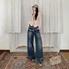 Pantalones cargo de pierna ancha holgados, estilo paracaidista, color azul oscuro, textura desgastada con efecto bigote y lavado, estilo retro americano nuevo, nicho transfronterizo