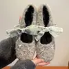 Elegantes Sapatos Mary Jane Estilo Ballet para Mulheres, 2026 Inverno Mocas Slip-On com Laço de Strass e Pelúcia