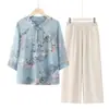 Novo Conjunto de Verão Estilo Chinês para Mães com Mangas Três Quartos, Tops da Moda com Estilo Nacional para Mulheres de Meia-Idade e Idosas, Estilo Avó