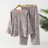 Pijama Feminino para Primavera e Outono, Estilo Vintage, Manga Longa, Calça Longa, Algodão Puro, Camada Dupla, Cor Sólida, Gola Lapela Simples, Cardigan, Roupa de Casa de Caimento Solto
