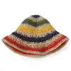 Sombrero de Paja Tejida Arcoíris de Ala Ancha para Mujer, Sombrero de Sol para Exteriores de Verano, Sombrero de Pescador Hueco para la Playa