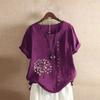Foto Real de Camisa Casual Holgada de Manga Corta y Cuello Redondo de Algodón y Lino Vintage para Mujer Primavera y Verano 2026