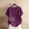 Foto Real de Camisa Casual Holgada de Manga Corta y Cuello Redondo de Algodón y Lino Vintage para Mujer Primavera y Verano 2026
