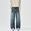 Roupas Masculinas Fengshe / 2026 Primavera e Outono Street Casual Versátil Amarração Jeans Americano High Street Solto Perna Larga Reto
