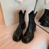 Versão em Couro de Vaca ~ Botas Curtas Chelsea Slim Femininas Bico Redondo Retro Salto Grosso Couro Genuíno Lavado Feitas à Mão