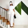 Conjunto de encaje rojo estilo europeo y americano para mujer, de manga corta, entallado a la cintura, top adelgazante + pantalones rectos de cintura alta, conjunto casual de dos piezas