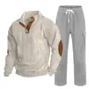 Cross-border masculino outono e inverno novo sportswear duas peças veludo cotelê botão henry camisa e calças retas terno casual