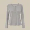 Camiseta básica de cachemira con cuello Henley para mujer, corte ajustado, hombro normal, manga larga, ligera, retiene el calor, adelgazante, top de punto elástico