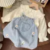 Vestido de bebé para niña con tirantes Ropa infantil Traje estilo western 2024 Nuevo Conjunto de dos piezas de moda con camisa de mezclilla y cuello de muñeca