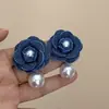 Pendientes de Tela de Mezclilla Azul Transfronterizos con Perlas y Camelia, Estilo Vintage de Alta Gama, Elegantes Pendientes Estilo Ins para Mujer al por Mayor