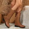 Hebilla de Cinturón Grande para Exportación Europea y Americana Botas Largas de Caballero para Mujer, Nuevas de Otoño con Punta Redonda Tacón Grueso con Cordones Botas de Cuero Amazon