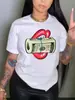 Ropa de Mujer de Manga Corta, Camiseta Blanca de Manga Corta con Cuello Redondo, Moderna Estampado de Labios y Dólar, Camiseta de Pie