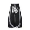 Pantalones Deportivos de Chándal Retro Americano con Doble Cintura, Estampado de Letras y Graffiti, Pierna Curva, Unisex, Holgados, Pierna Ancha, Versátiles, Cintura Elástica, Pantalones Largos