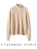 Novo suéter de cashmere com zíper e gola alta para mulheres 2026, outono e inverno, tricô trançado, caimento solto, blusa pulôver versátil