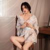 Sexy Bordado Flor de Cerejeira Kimono Lingerie Japonesa Uniforme Clássico Hanfu Perspectiva Camisola Terno de Paquera