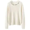 Suéter de punto mezcla de cachemira y lana, corte holgado, pedrería cosida a mano, cuello redondo, nuevo suéter pullover de manga larga para otoño e invierno