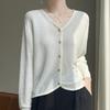 V-Neck malha exterior ar-condicionado camisa feminina primavera e verão novo estilo francês luz linho de luxo protetor solar pequeno cardigan fino top