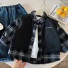 Chaqueta de Otoño Infantil Muno Ropa Infantil Huzhou Zhili Estilo Coreano Dos Piezas Falsas Camisa a Cuadros Ropa Exterior Moderna
