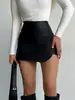 Estilo Europeu e Americano Outono e Inverno Moda Elegante Couro PU Cor Sólida Colagem Costura Zíper Cintura Alta Quadril Shorts Saia