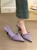 ¡Primer encuentro con el morado del deseo puro! Elegantes sandalias de satén con lazo, punta cerrada y sin talón para mujer, primavera 2026, zapatos de tacón alto para ir al trabajo