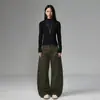 Calça cargo verde militar de corte tridimensional, perna larga, solta, versátil, casual, estilo retrô japonês, design de moda high street
