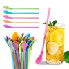 Fábrica em estoque colher de palha colher de plástico de uso duplo talheres simples cor doce cor doce palha colher de mistura integrada