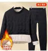 Conjunto de roupa íntima térmica quente de algodão e cashmere para mulheres de meia-idade e idosas, com forro de fleece, espessado, acolchoado de três camadas, resistente ao frio, plus size, para pais