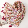 Bufanda floral colorida estilo bosque con flecos, tacto ligero de algodón y lino, accesorio floral pastoral para mujer, chal grande