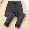 Jeans Grosso com Forro de Lã 2025 Outono e Inverno Novo Slim-Fit Cintura Alta Elástico Skinny Lápis
