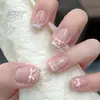 Uñas Postizas Pre-Hechas Hechas a Mano Rosa Nude Perla Moño 3D Terapia de Luz Super Iluminadoras para Uñas Cortas