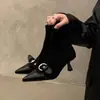 2026 Nova Moda Primavera Outono Estilo Coreano Salto Gatinho Bico Fino Botas Curtas Slim Sapatos Femininos Retro Temperamento Botas de Salto Alto