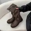 Botas altas sin hebilla de cinturón caña alta corte ajustado fruncidas versátiles botas largas estilo retro otoño e invierno arrugadas botas de montar estilo nuevo para mujer