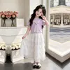 Moda Feminina 2026 Xale Listrado Elegante de Manga Curta Estilo Doce de Princesa Acabamento em Renda Saia Bolo Conjunto de Duas Peças