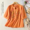 Camisa de Ráfia Bordada Vintage Feminina com Temperamento Manga Média Pulôver Top Forro Bordado Artístico Roupas de Verão