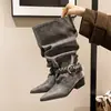 Botas apiladas plisadas de punta estilo coreano 2026 para mujer, que aumentan la altura, con hebilla de cinturón, caña ancha, tacón bajo, tacón grueso, botas de montar