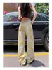 Calça Jeans Amarela Tie-Dye Estilo Retrô Americano para Mulheres, Cintura Alta, Vibe, Perna Reta Longa Flare, Tendência