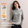 Camiseta Feminina de Lã e Seda com Gola Alta e Manga Longa para Outono e Inverno, Espessada e com Forro de Lã, Cor Sólida, Top Quente