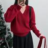 Suéter de manga larga para mujer, estilo coreano, otoño e invierno 2024, color sólido, rojo navideño, con cuello en V y bufanda, top
