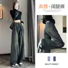 Jeans de Pierna Ancha Gris Cemento Otoño para Mujer Cintura Alta Forro Polar Otoño e Invierno Retro Nostálgico Holgado Casual Pantalones de Piso