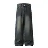 Pantalones rectos de mezclilla lavada estilo retro americano para hombre, estilo básico casual holgado, marca de moda estilo papá, pantalones largos con aspecto desgastado y vintage