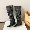 Versión de Piel de Vaca Punta Puntiaguda Hebilla Botas de Caballero Apiladas Mujer 2026 Nuevo Tacón Grueso Botas Altas Plisadas Piel Genuina Botas Largas