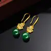 Pendientes de Calcedonia Verde con Forma de Flor Incrustada de Circonita, Elegantes y de Moda, con Perlas Redondas, Estilo Vintage Clásico, Regalo para Mamá, Pendientes Chapados en Oro para Mujer