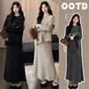 Conjunto de Maternidad Otoño Invierno Cuello Redondo Tejido de Punto Conjunto de Dos Piezas + Falda Larga Cobertura Completa del Vientre Borlas Bordes Deshilachados Holgado Ropa de Abrigo
