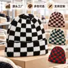 Gorro de punto a cuadros transfronterizo para mujer, diseño retro de bloques de color para otoño e invierno, circunferencia de cabeza grande, efecto adelgazante del rostro, con estampado de logotipo