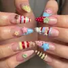 Uñas Postizas Portátiles Forma de Almendra Rayas de Colores Puntos Lunares Francesas 3D Estéreo Dibujos Animados Patrón de Estrella Uñas Postizas Desmontables
